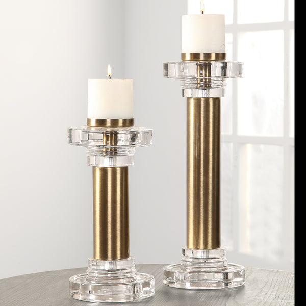 Uttermost Leslie Brushed Brass Candleholders, S/2